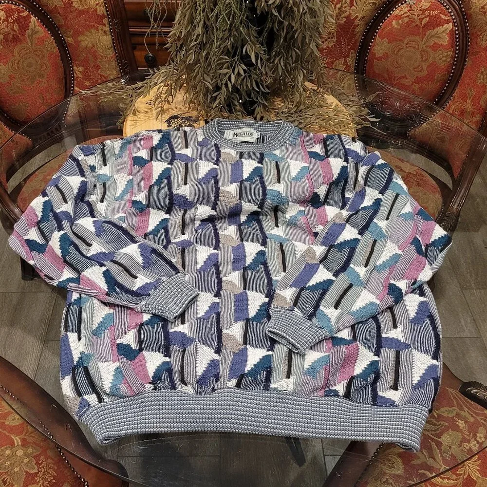 Vintage Megalos Abstract Chunky Knit Sweater Hip Hop 90's Bill Cosby 2XL